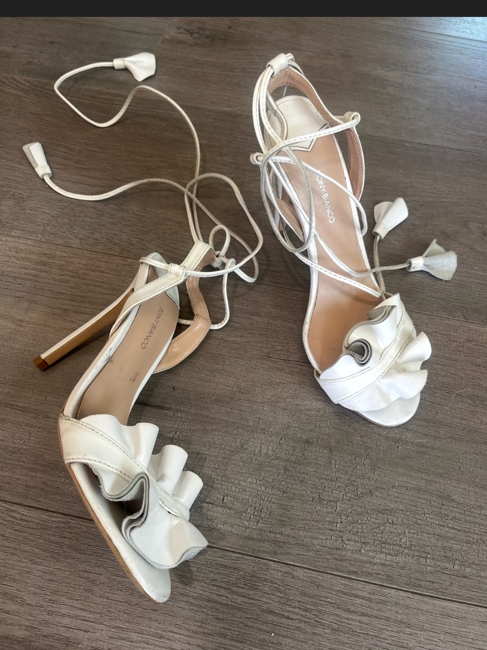 Tony Bianco White Ruffle Lace-Up Stiletto Sandals